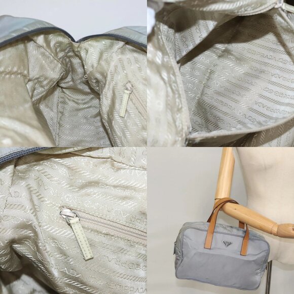 PRADA Hand Bag Nylon Leather Gray Brown Silver Auth 110687 - Picture 12 of 14